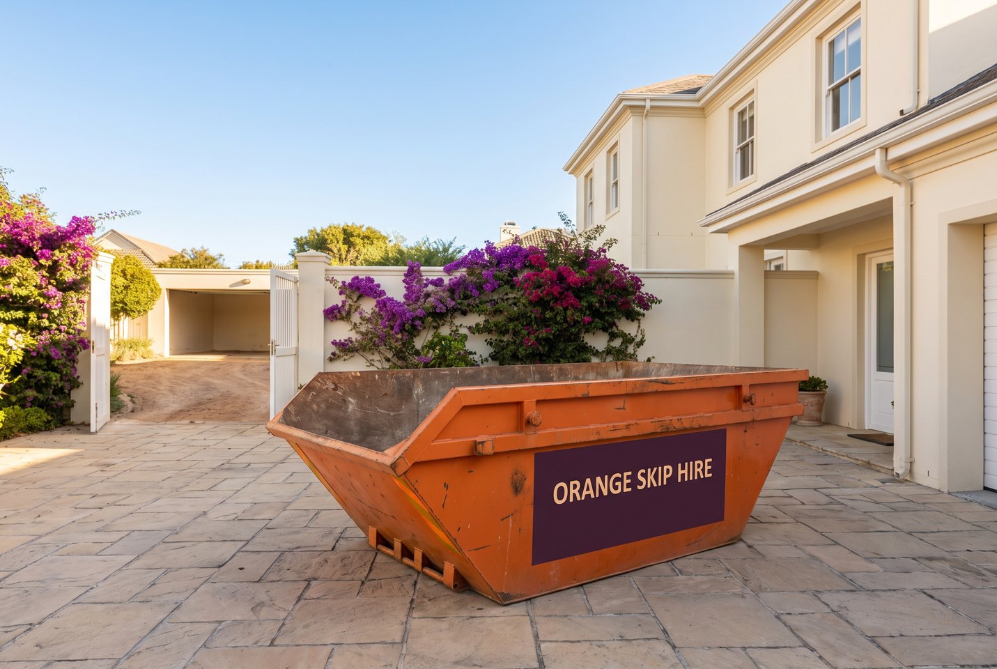 AI illustration: empty orange branded mini skip in a paved courtyard beside a cream home and bougainvillea.