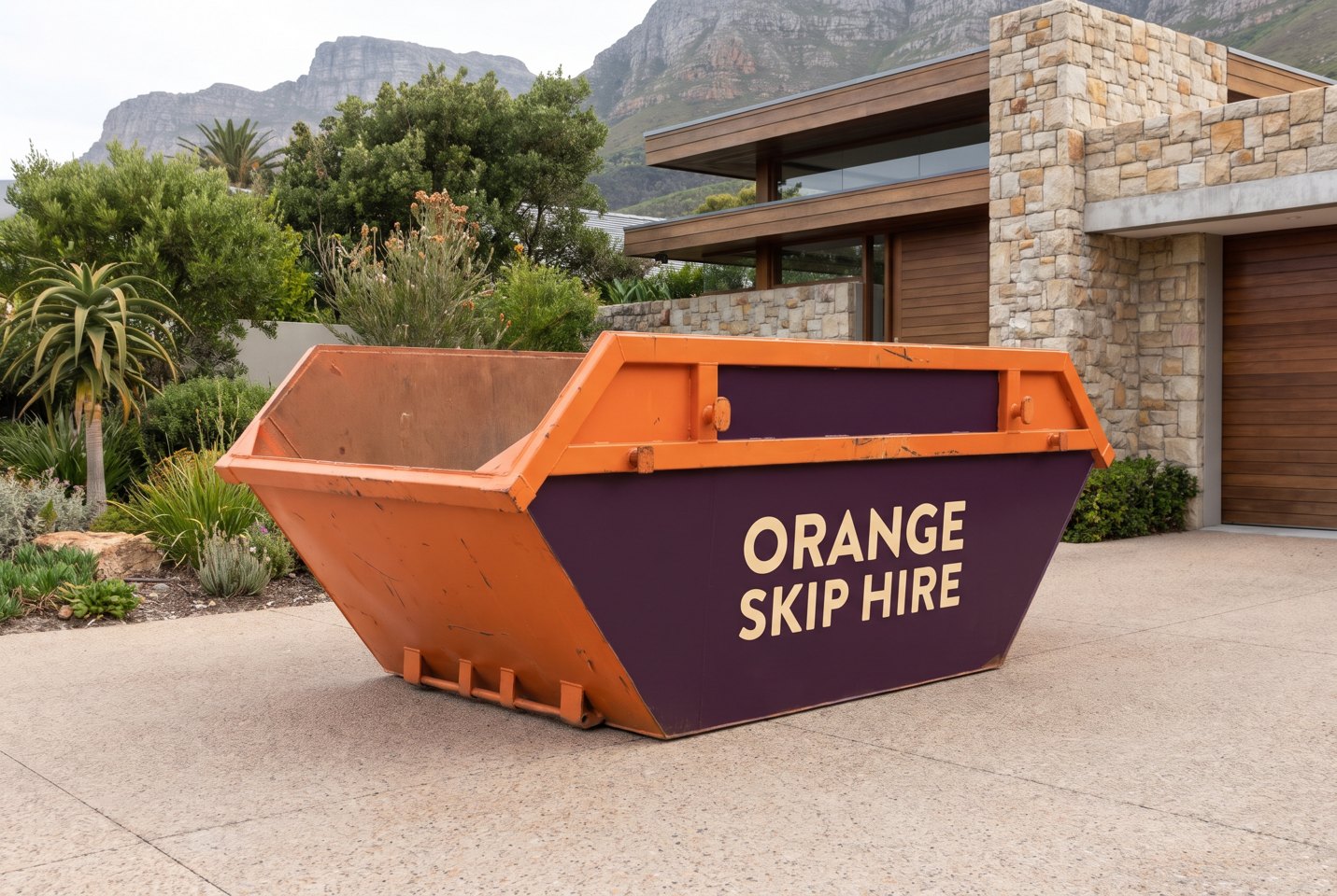 AI illustration: larger empty orange branded skip on a broad paved driveway outside a well-kept home.